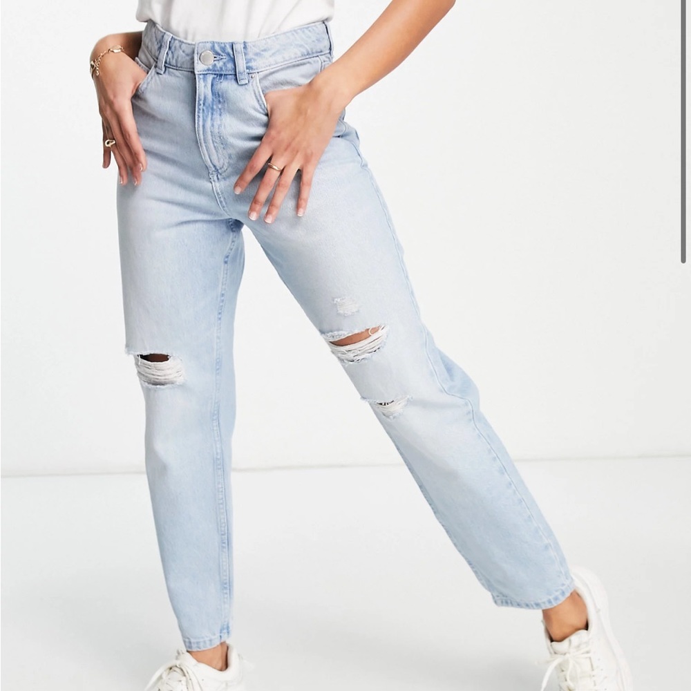 ASOS Miss Selfridge Mom high waist ripped jean in lightwash blue